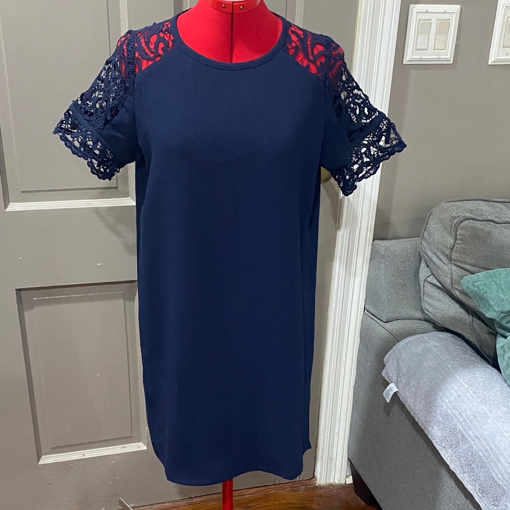 Mittoshop Navy Dress with Red Lace Sleeves